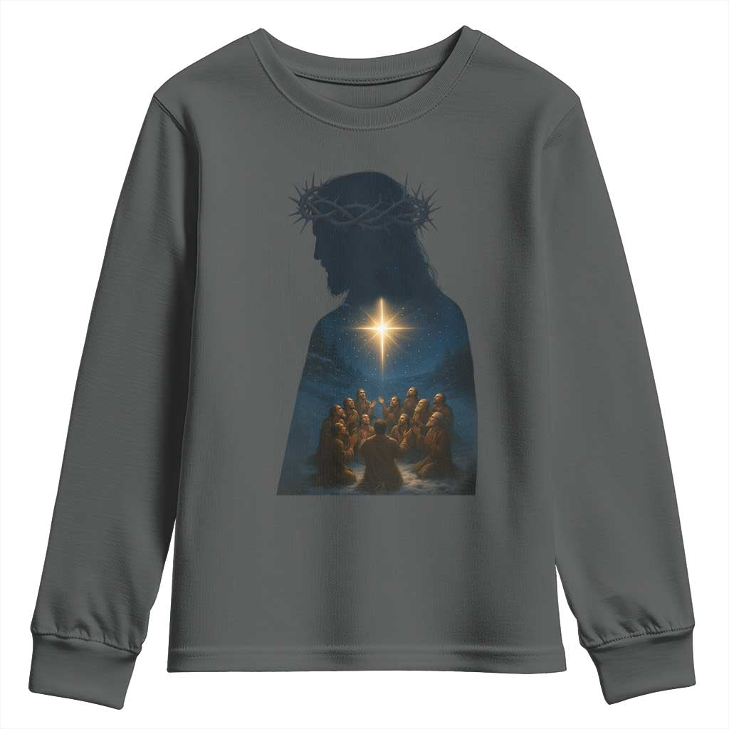 Jesus Christian Christmas Youth Sweatshirt Christian Saints Praying Under The Star of Bethlehem TS14 Dark Heather Print Your Wear