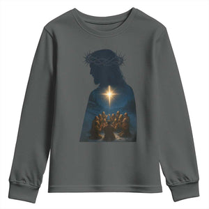 Jesus Christian Christmas Youth Sweatshirt Christian Saints Praying Under The Star of Bethlehem TS14 Dark Heather Print Your Wear