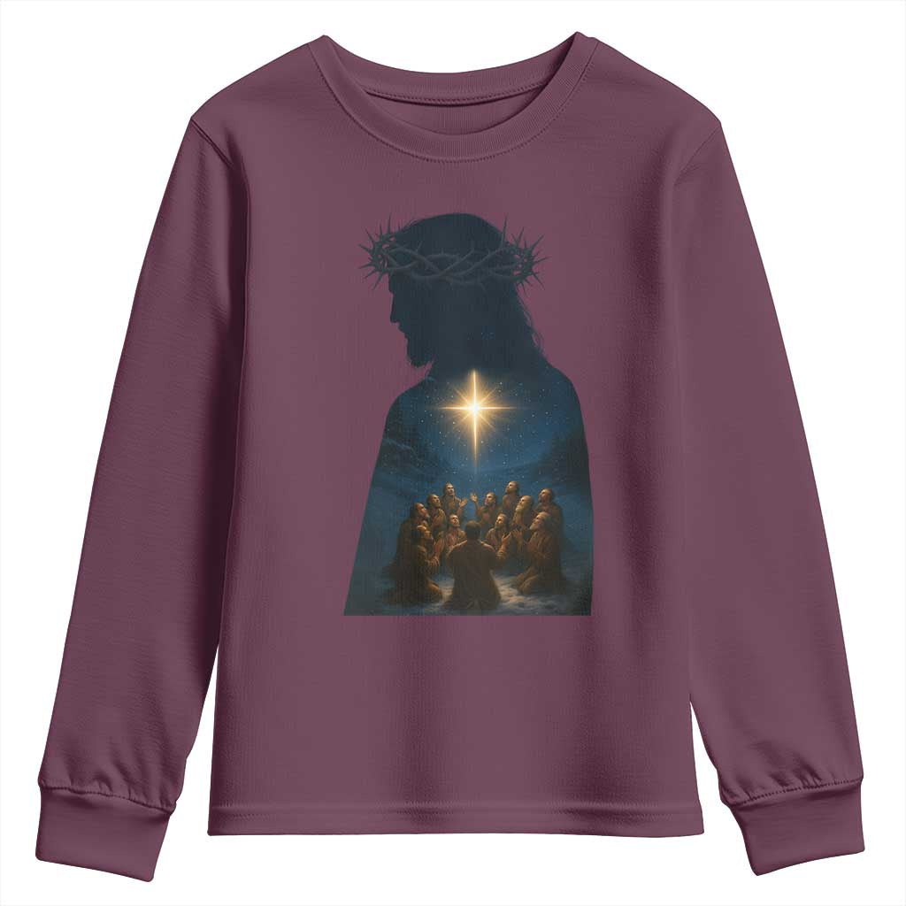 Jesus Christian Christmas Youth Sweatshirt Christian Saints Praying Under The Star of Bethlehem TS14 Maroon Print Your Wear