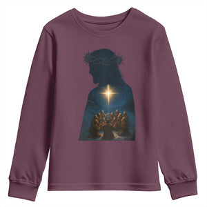 Jesus Christian Christmas Youth Sweatshirt Christian Saints Praying Under The Star of Bethlehem TS14 Maroon Print Your Wear
