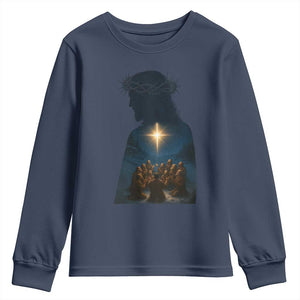 Jesus Christian Christmas Youth Sweatshirt Christian Saints Praying Under The Star of Bethlehem TS14 Navy Print Your Wear