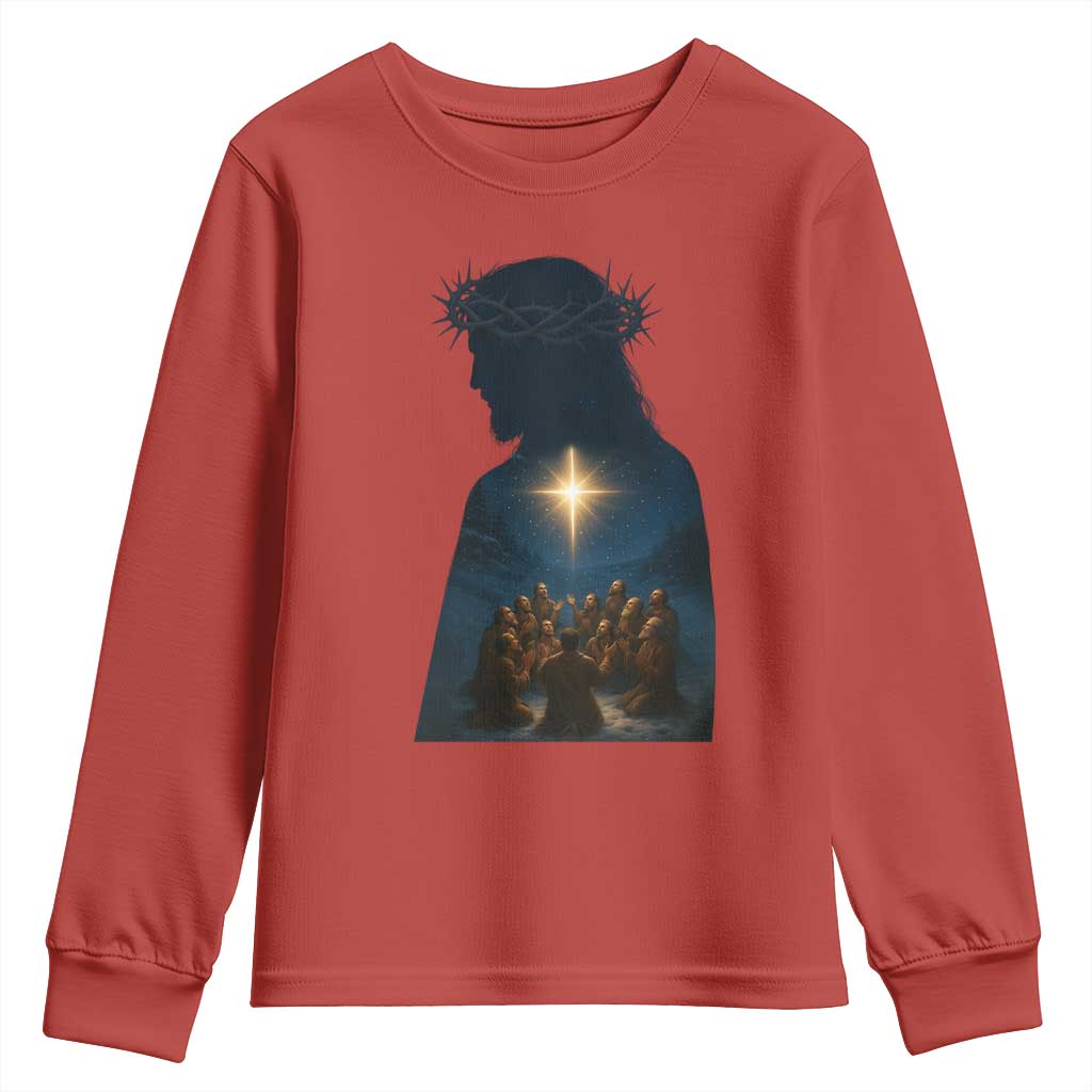 Jesus Christian Christmas Youth Sweatshirt Christian Saints Praying Under The Star of Bethlehem TS14 Red Print Your Wear