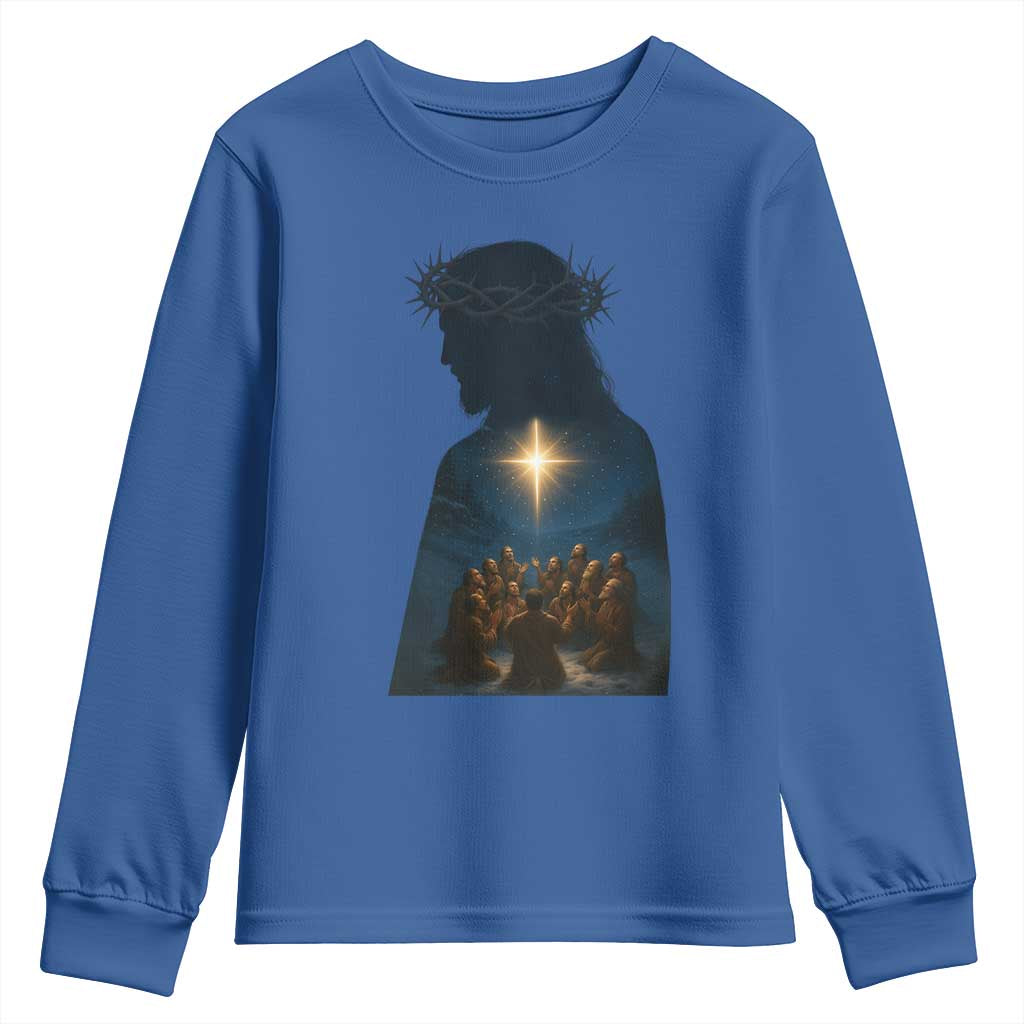 Jesus Christian Christmas Youth Sweatshirt Christian Saints Praying Under The Star of Bethlehem TS14 Royal Blue Print Your Wear