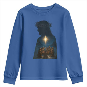 Jesus Christian Christmas Youth Sweatshirt Christian Saints Praying Under The Star of Bethlehem TS14 Royal Blue Print Your Wear