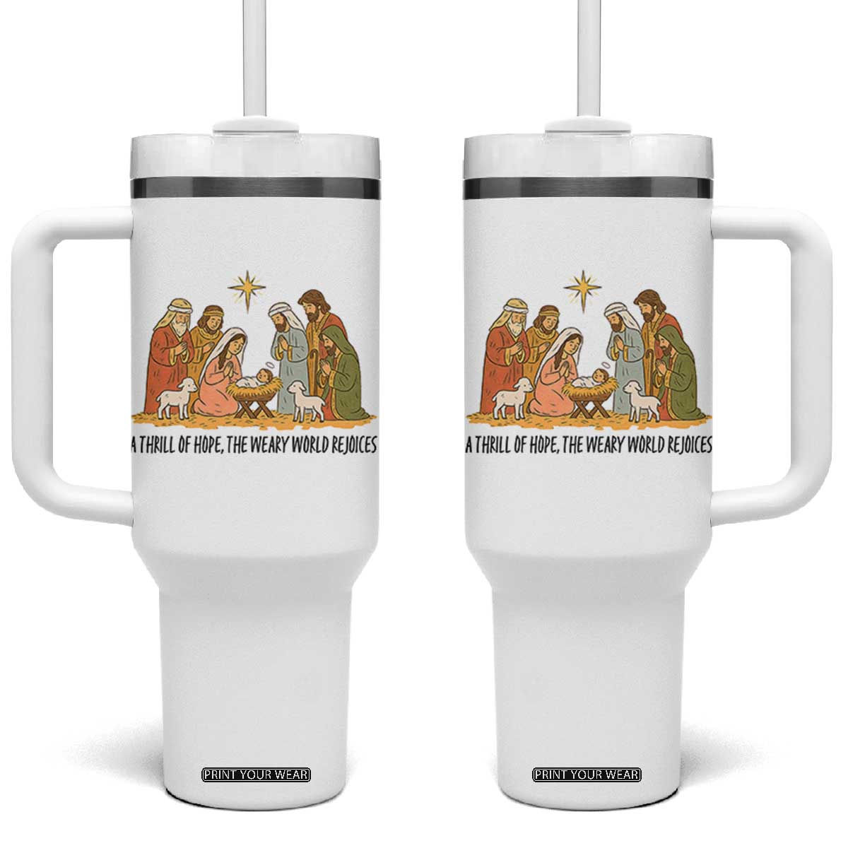 Nativity Scene Christmas Tumbler With Handle Baby Jesus Christian Faith TS14 One Size: 40 oz White Print Your Wear