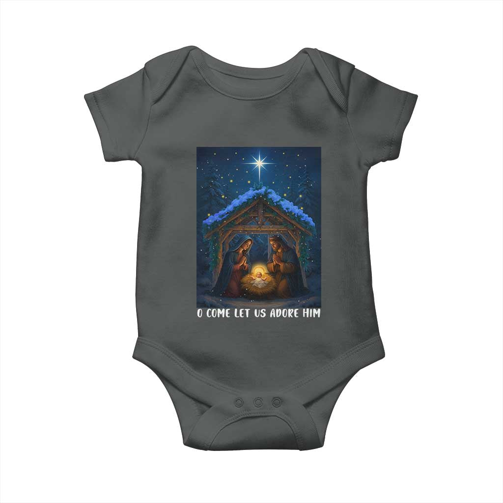Nativity Scene Christmas Baby Onesie O Come Let Us Adrove Him TS14 Dark Heather Print Your Wear