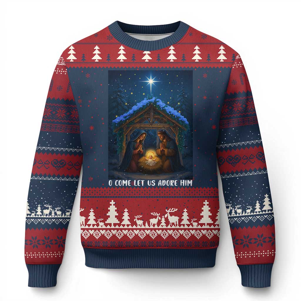 Nativity Scene Xmas Ugly Christmas Sweater O Come Let Us Adrove Him TS14 Navy Red Print Your Wear