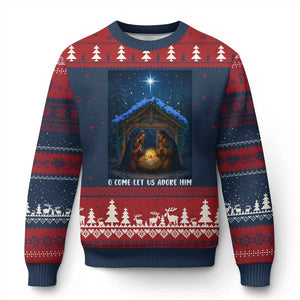 Nativity Scene Xmas Ugly Christmas Sweater O Come Let Us Adrove Him - Print Your Wear