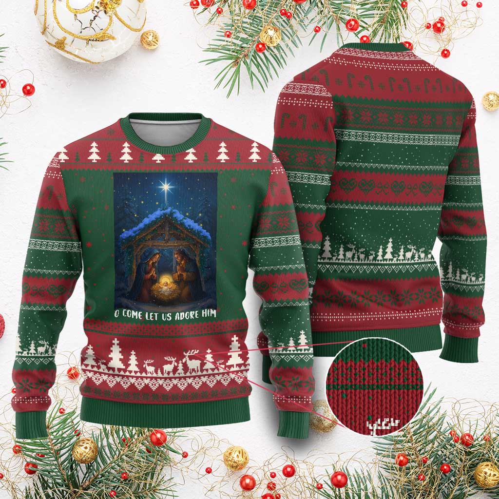 Nativity Scene Xmas Ugly Christmas Sweater O Come Let Us Adrove Him TS14 Red Green Print Your Wear