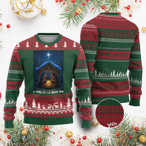 Nativity Scene Xmas Ugly Christmas Sweater O Come Let Us Adrove Him - Print Your Wear