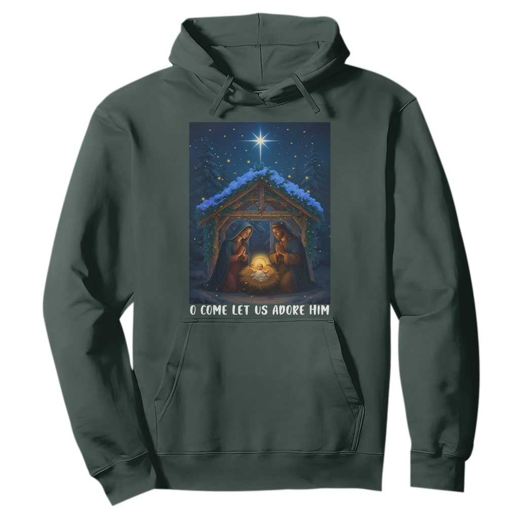 Nativity Scene Christmas Hoodie O Come Let Us Adrove Him TS14 Dark Forest Green Print Your Wear