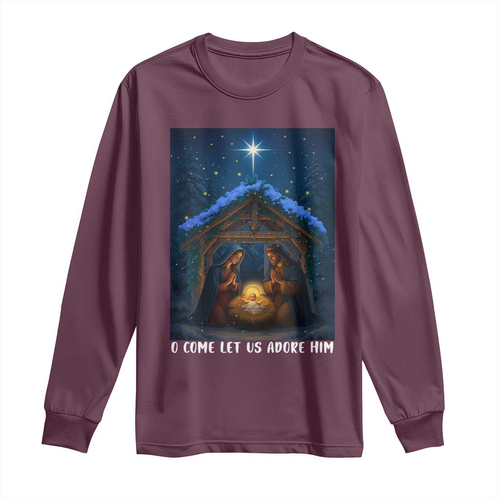 Nativity Scene Christmas Long Sleeve Shirt O Come Let Us Adrove Him TS14 Maroon Print Your Wear