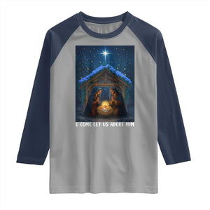 Nativity Scene Christmas Raglan Shirt O Come Let Us Adrove Him TS14 Sport Gray Navy Print Your Wear