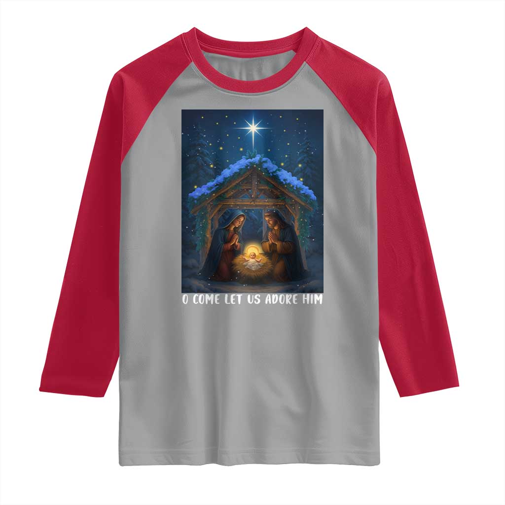 Nativity Scene Christmas Raglan Shirt O Come Let Us Adrove Him TS14 Sport Gray Red Print Your Wear