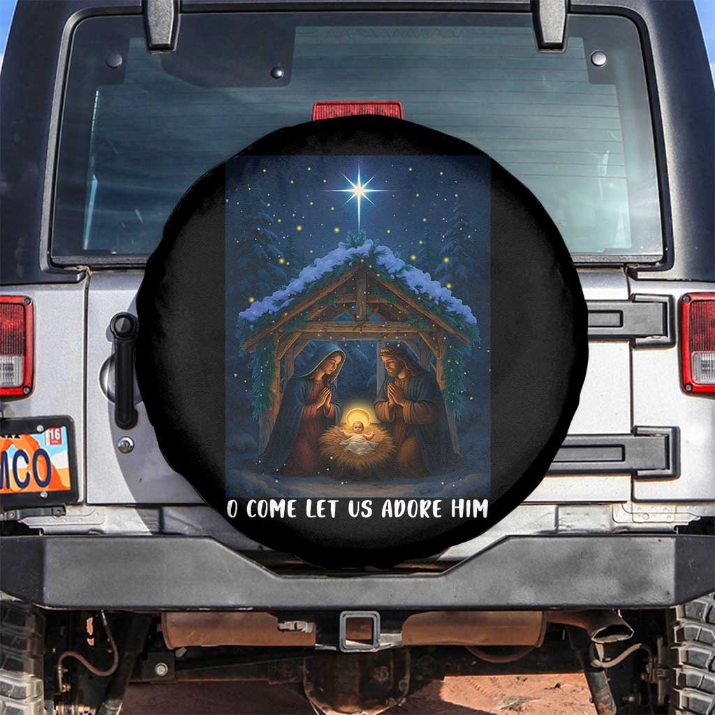 Nativity Scene Christmas Spare Tire Cover O Come Let Us Adrove Him TS14 No hole Black Print Your Wear