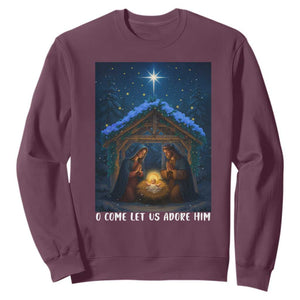 Nativity Scene Christmas Sweatshirt O Come Let Us Adrove Him TS14 Maroon Print Your Wear