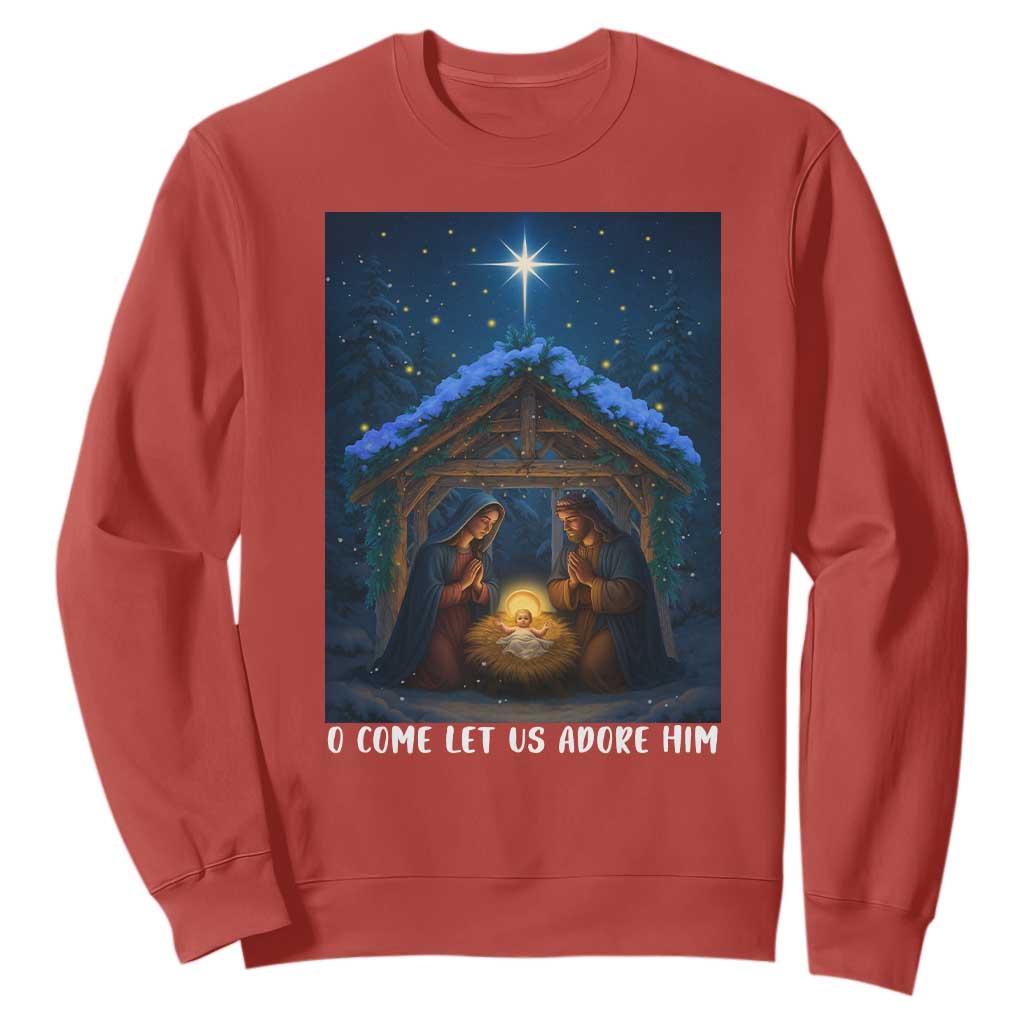 Nativity Scene Christmas Sweatshirt O Come Let Us Adrove Him TS14 Red Print Your Wear