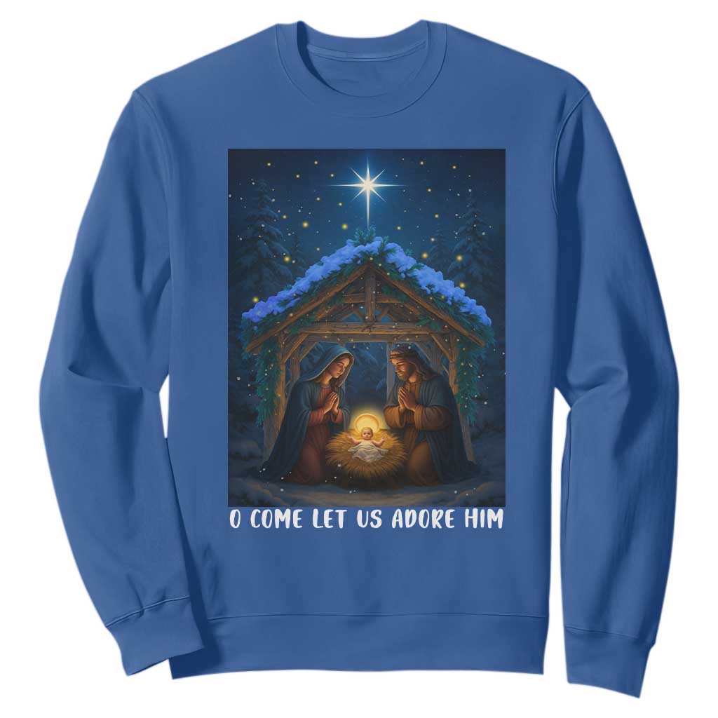 Nativity Scene Christmas Sweatshirt O Come Let Us Adrove Him TS14 Royal Blue Print Your Wear