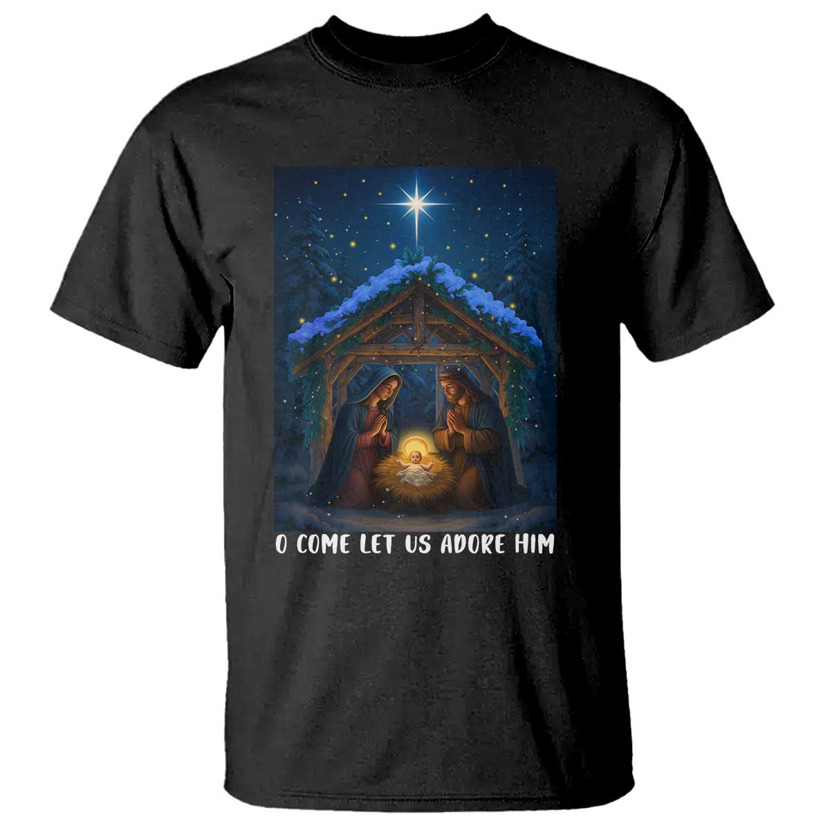 Nativity Scene Christmas T Shirt O Come Let Us Adrove Him TS14 Black Print Your Wear