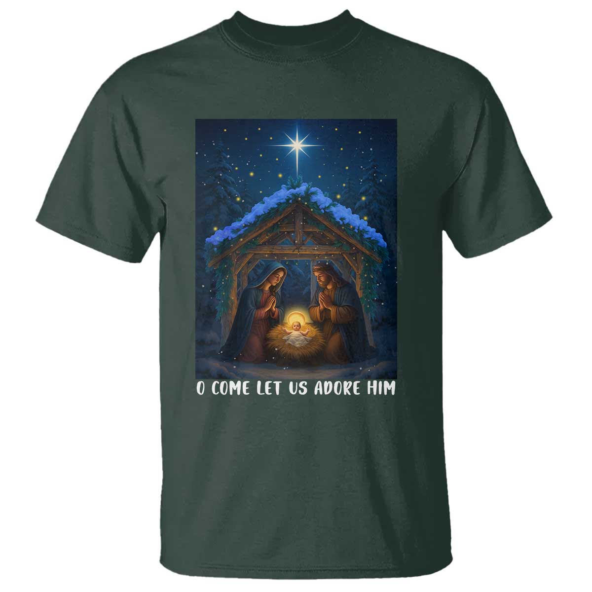 Nativity Scene Christmas T Shirt O Come Let Us Adrove Him TS14 Dark Forest Green Print Your Wear