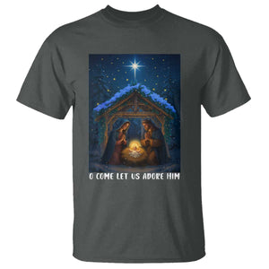 Nativity Scene Christmas T Shirt O Come Let Us Adrove Him TS14 Dark Heather Print Your Wear