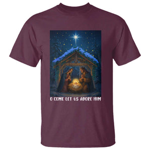 Nativity Scene Christmas T Shirt O Come Let Us Adrove Him TS14 Maroon Print Your Wear
