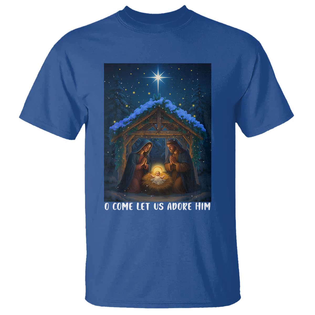 Nativity Scene Christmas T Shirt O Come Let Us Adrove Him TS14 Royal Blue Print Your Wear