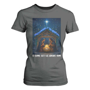 Nativity Scene Christmas T Shirt For Women O Come Let Us Adrove Him TS14 Dark Heather Print Your Wear
