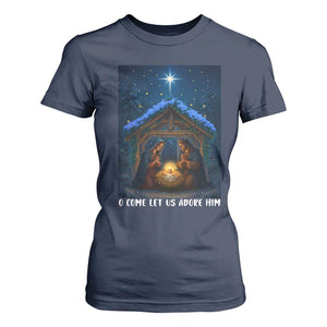 Nativity Scene Christmas T Shirt For Women O Come Let Us Adrove Him TS14 Navy Print Your Wear