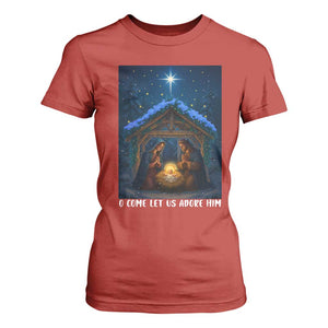 Nativity Scene Christmas T Shirt For Women O Come Let Us Adrove Him TS14 Red Print Your Wear