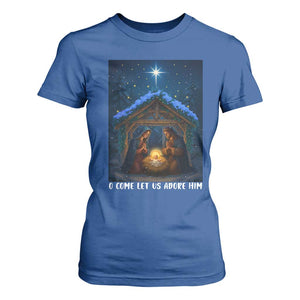 Nativity Scene Christmas T Shirt For Women O Come Let Us Adrove Him TS14 Royal Blue Print Your Wear