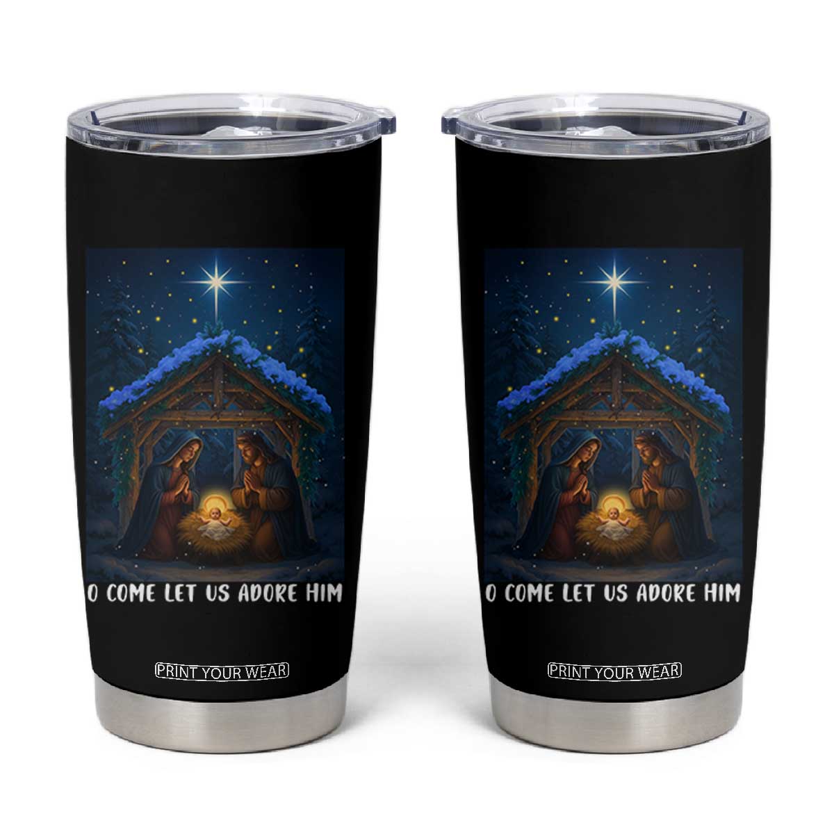 Nativity Scene Christmas Tumbler Cup O Come Let Us Adrove Him TS14 Black Print Your Wear