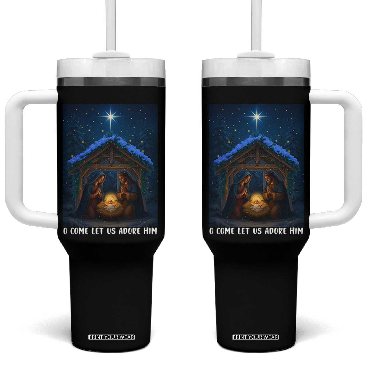 Nativity Scene Christmas Tumbler With Handle O Come Let Us Adrove Him TS14 One Size: 40 oz Black Print Your Wear