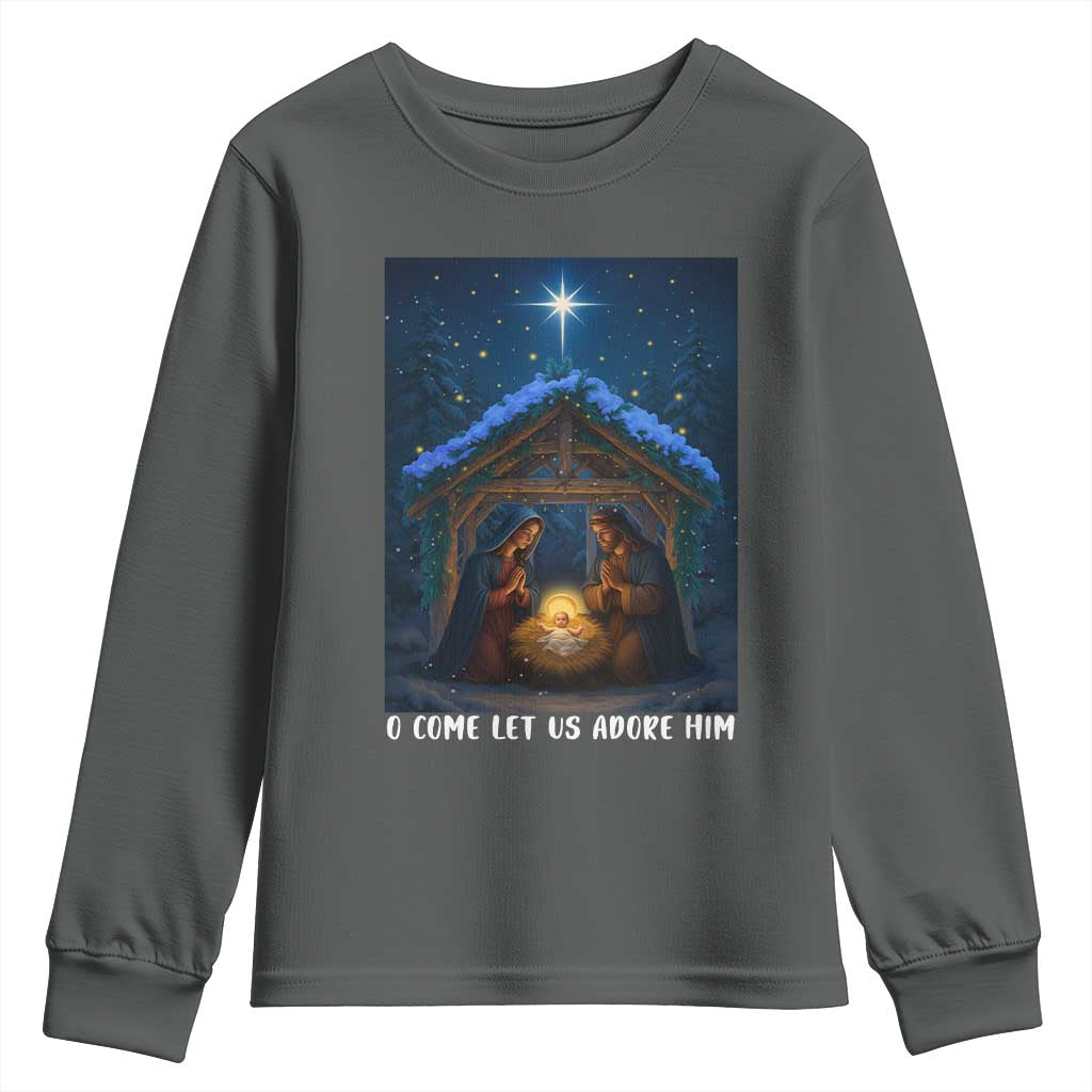 Nativity Scene Christmas Youth Sweatshirt O Come Let Us Adrove Him TS14 Dark Heather Print Your Wear