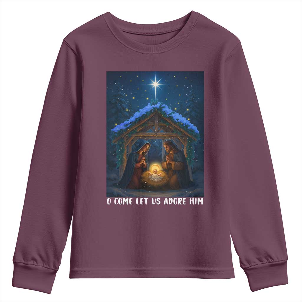 Nativity Scene Christmas Youth Sweatshirt O Come Let Us Adrove Him TS14 Maroon Print Your Wear
