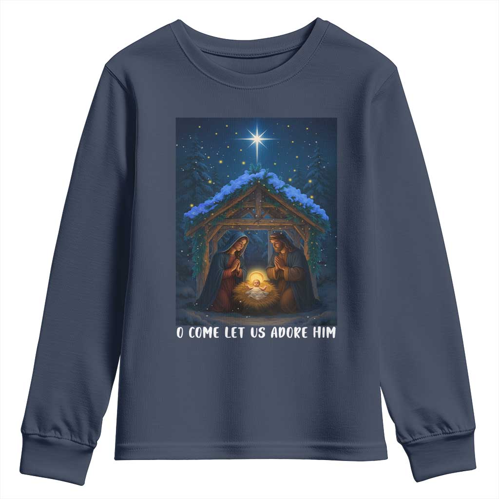 Nativity Scene Christmas Youth Sweatshirt O Come Let Us Adrove Him TS14 Navy Print Your Wear