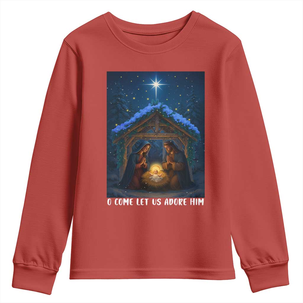 Nativity Scene Christmas Youth Sweatshirt O Come Let Us Adrove Him TS14 Red Print Your Wear