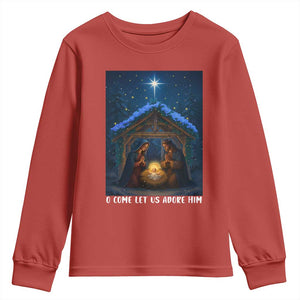 Nativity Scene Christmas Youth Sweatshirt O Come Let Us Adrove Him TS14 Red Print Your Wear
