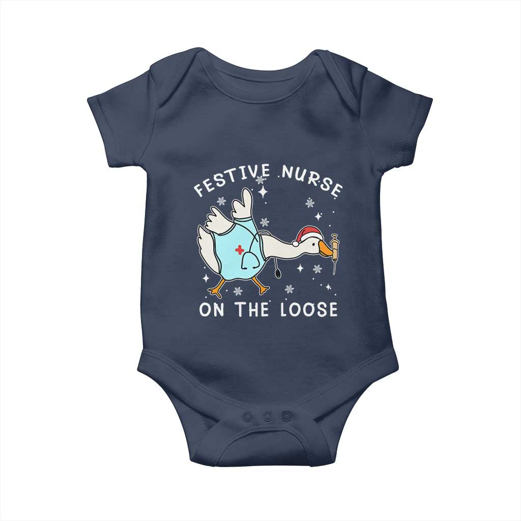 Funny ER Nurse Goose Christmas Baby Onesie Festive Nurses On The Loose TS14 Navy Print Your Wear