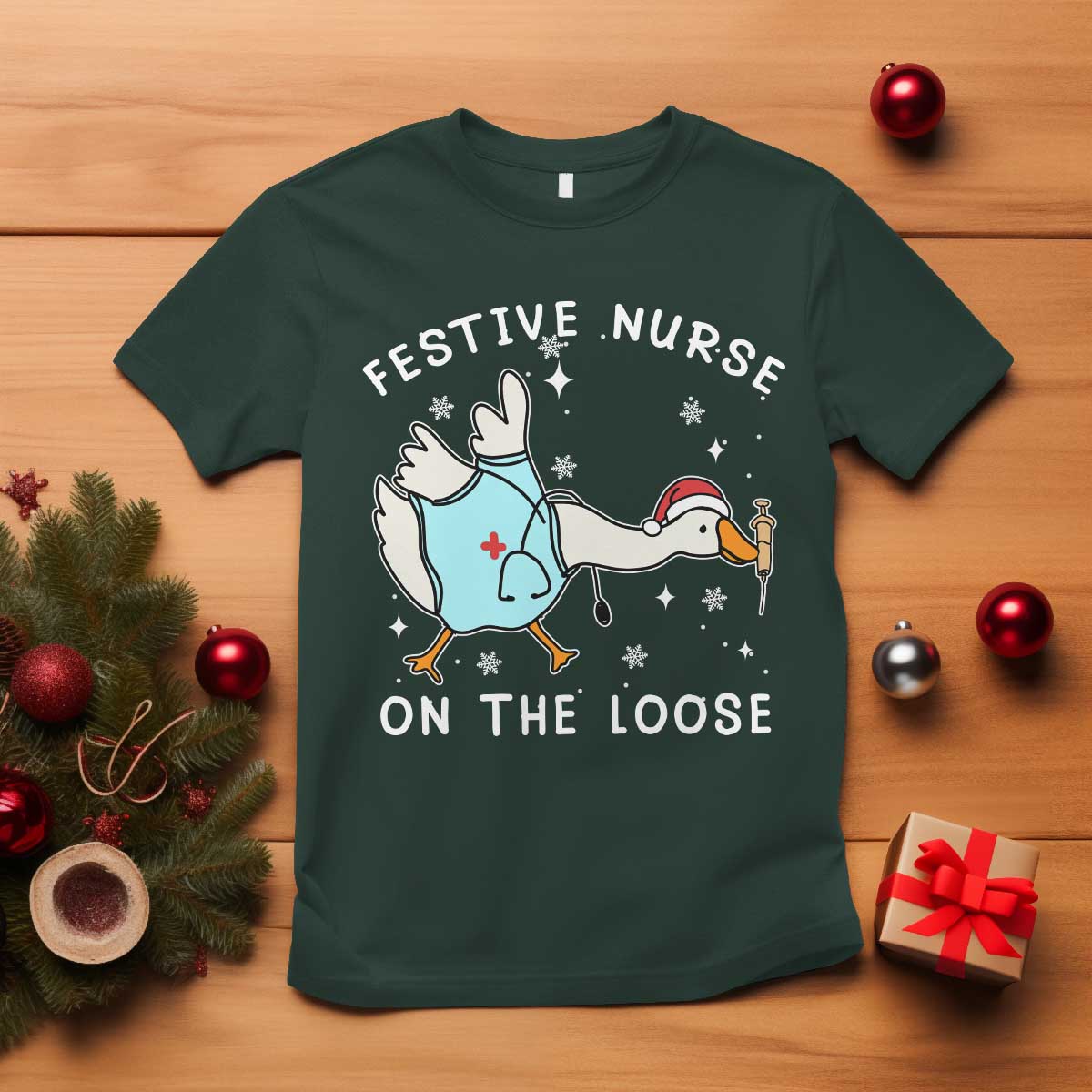 Funny ER Nurse Goose Christmas T Shirt Festive Nurses On The Loose TS14 Dark Forest Green Print Your Wear