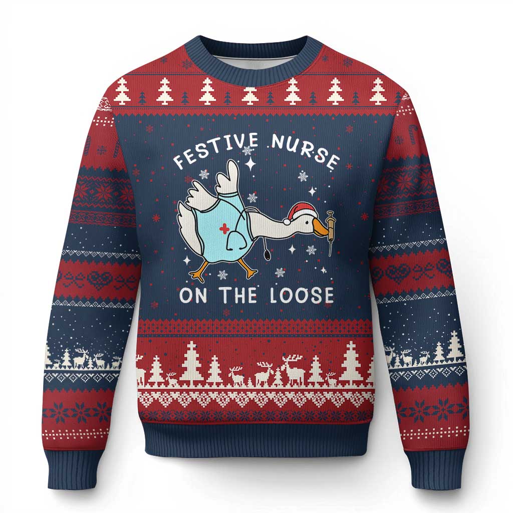 Funny ER Nurse Goose Xmas Ugly Christmas Sweater Festive Nurses On The Loose TS14 Navy Red Print Your Wear