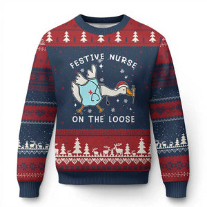 Funny ER Nurse Goose Xmas Ugly Christmas Sweater Festive Nurses On The Loose TS14 Navy Red Print Your Wear