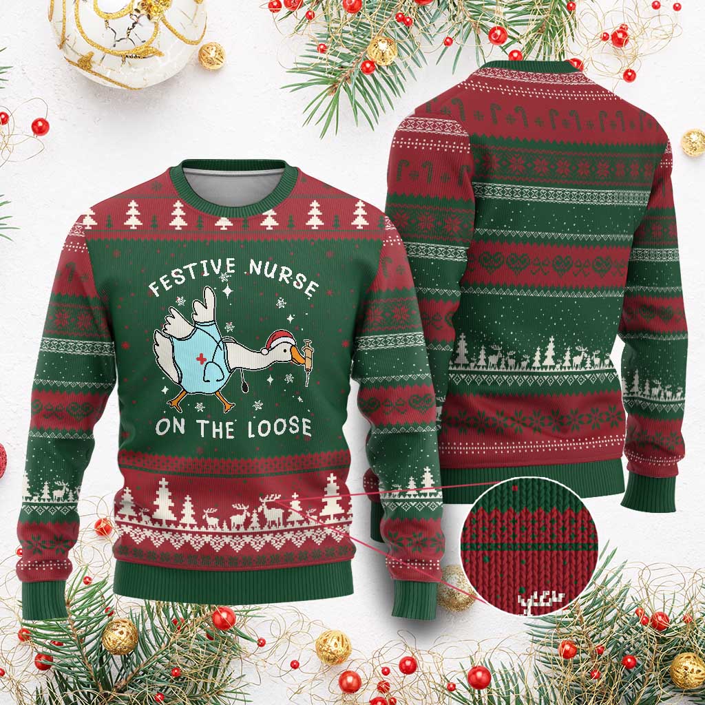 Funny ER Nurse Goose Xmas Ugly Christmas Sweater Festive Nurses On The Loose TS14 Red Green Print Your Wear