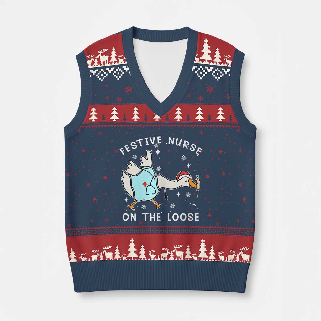 Funny ER Nurse Goose Xmas V-Neck Knit Sweater Vest Festive Nurses On The Loose TS14 Navy Red Print Your Wear