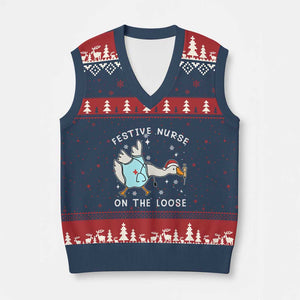 Funny ER Nurse Goose Xmas V-Neck Knit Sweater Vest Festive Nurses On The Loose TS14 Navy Red Print Your Wear