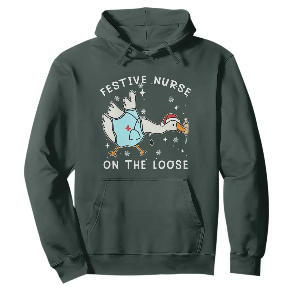 Funny ER Nurse Goose Christmas Hoodie Festive Nurses On The Loose TS14 Dark Forest Green Print Your Wear