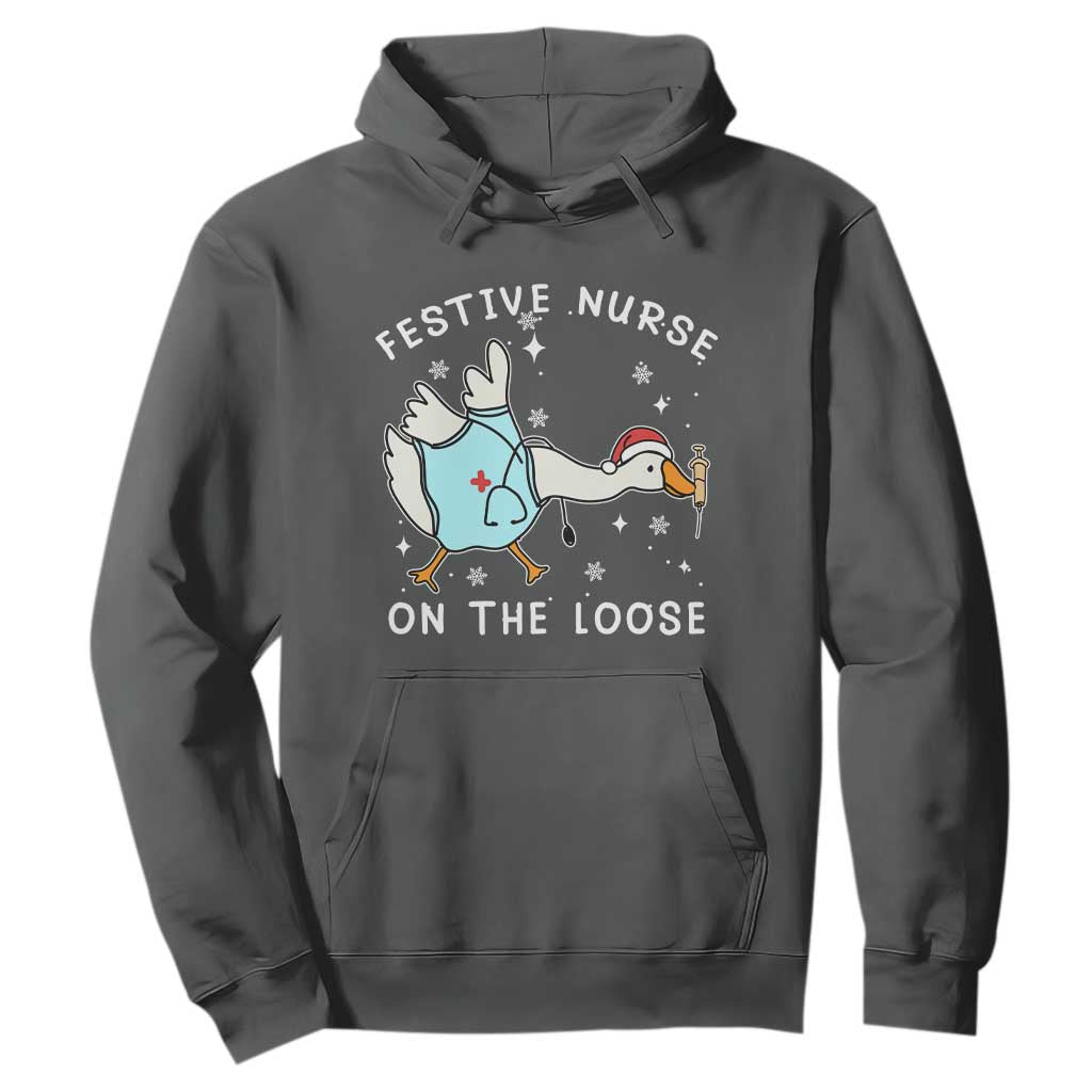 Funny ER Nurse Goose Christmas Hoodie Festive Nurses On The Loose TS14 Dark Heather Print Your Wear