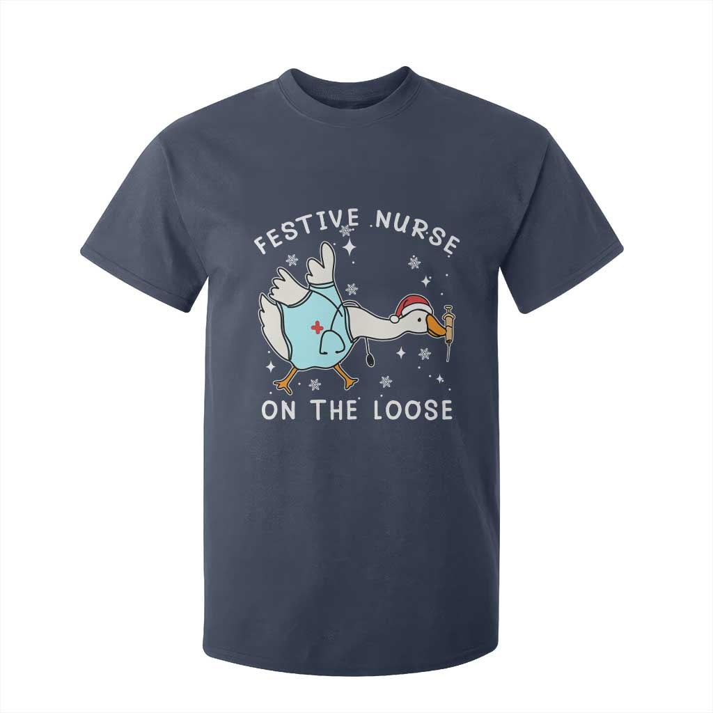 Funny ER Nurse Goose Christmas T Shirt For Kid Festive Nurses On The Loose TS14 Navy Print Your Wear