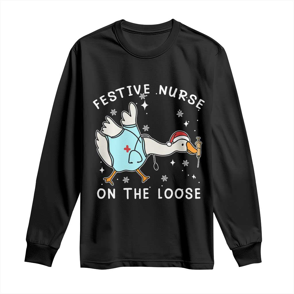 Funny ER Nurse Goose Christmas Long Sleeve Shirt Festive Nurses On The Loose TS14 Black Print Your Wear