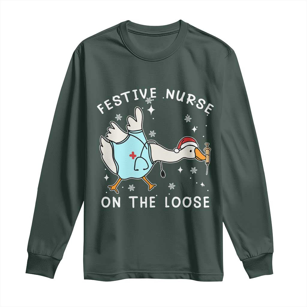 Funny ER Nurse Goose Christmas Long Sleeve Shirt Festive Nurses On The Loose TS14 Dark Forest Green Print Your Wear